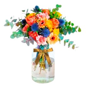 Florero Rústico con Flores Naranjas y amarillas Eucalipto 6 rosas naranjas Gerberas Limonios y Flores Silvestres Florero Rústico con Flores Naranjas y amarillas Eucalipto 6 rosas naranjas Gerberas Limonios y Flores Silvestres