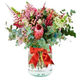 Florero con Proteas Pink Ice, hipérico limonios flores rusticas y Eucalipto Florero con Proteas Pink Ice, hipérico limonios flores rusticas y Eucalipto