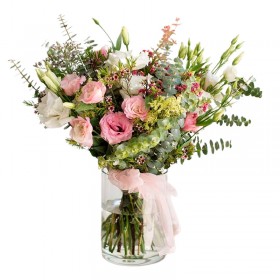 Florero con 10 Lisianthus Rosados más Flores Rústicas y Eucaliptos Florero con 10 Lisianthus Rosados más Flores Rústicas y Eucaliptos