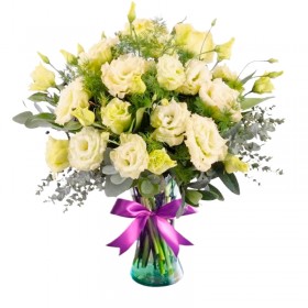 Florero con 10 Lisianthus Blancos más Flores Rústicas y Eucaliptos Florero con 10 Lisianthus Blancos más Flores Rústicas y Eucaliptos
