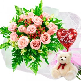 Oferta Ramo 12 Rosas Rosadas + Globo y Peluche Oferta Ramo 12 Rosas Rosadas + Globo y Peluche