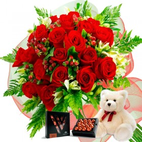 Oferta Ramo 24 Rosas Rojas + Chocolate Gragea Varsovienne y Peluche Oferta Ramo 24 Rosas Rojas + Chocolate Gragea Varsovienne y Peluche
