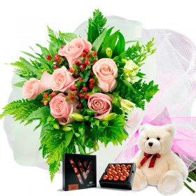 Oferta Ramo 6 Rosas Rosadas + Chocolate Gragea Varsovienne y Peluche Oferta Ramo 6 Rosas Rosadas + Chocolate Gragea Varsovienne y Peluche