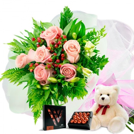 Oferta Ramo 6 Rosas Rosadas + Chocolate Gragea Varsovienne y Peluche