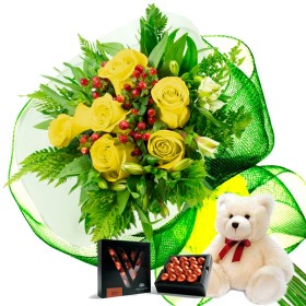 Oferta Ramo 6 Rosas Amarillas + Chocolate Gragea Varsovienne y Peluche Oferta Ramo 6 Rosas Amarillas + Chocolate Gragea Varsovienne y Peluche