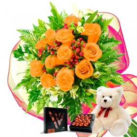 Oferta Ramo 12 Rosas Damasco + Chocolate Gragea Varsovienne y Peluche Oferta Ramo 12 Rosas Damasco + Chocolate Gragea Varsovienne y Peluche