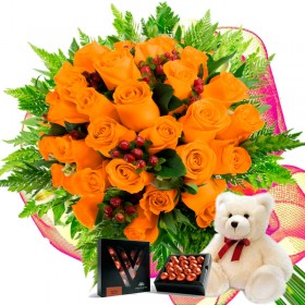 Oferta Ramo 24 Rosas Damasco + Chocolate Gragea Varsovienne y Peluche