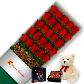 OFERTA CAJA DE 24 ROSAS ROJAS MAS PELUCHE Y CHOCOLATE GRAGEA OFERTA CAJA DE 24 ROSAS ROJAS MAS PELUCHE Y CHOCOLATE GRAGEA