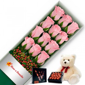 OFERTA CAJA DE 12 ROSAS ROSADAS MAS PELUCHE Y CHOCOLATE GRAGEA OFERTA CAJA DE 12 ROSAS ROSADAS MAS PELUCHE Y CHOCOLATE GRAGEA
