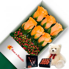 OFERTA CAJA DE 6 ROSAS DAMASCO MAS PELUCHE Y CHOCOLATE GRAGEA