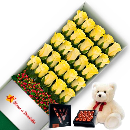 OFERTA CAJA DE 24 ROSAS AMARILLAS MAS PELUCHE Y CHOCOLATE GRAGEA