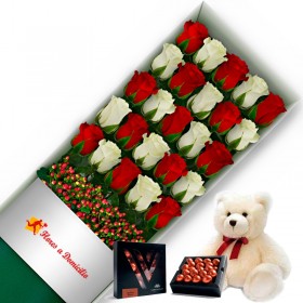 OFERTA CAJA DE 24 ROSAS ROJAS Y BLANCAS MAS PELUCHE Y CHOCOLATE GRAGEA