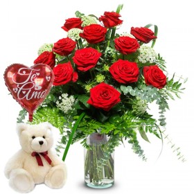 Florero de 12 Rosas Rojas con Peluche  y Globo Florero de 12 Rosas Rojas con Peluche  y Globo