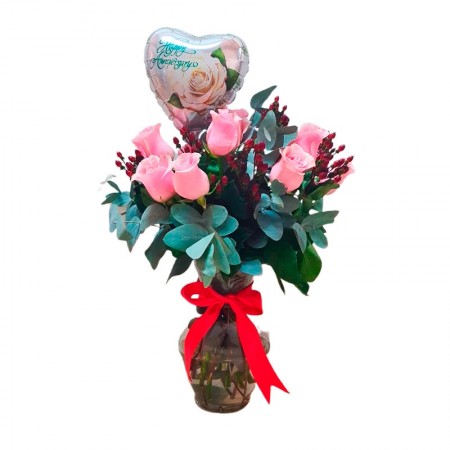 Florero Aniversario 12 Rosas Rosadas Más Eucalipto Hipericos Rojos + globo