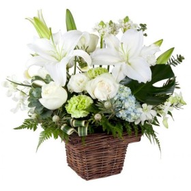 Canastillo de Condolencias Pequeño con Liliums y Rosas blancas Canastillo de Condolencias Pequeño con Liliums y Rosas blancas