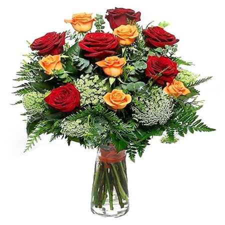 Florero de Rosas Amarillas y Rojas 12 Rosas