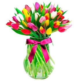 Florero Con 40 Tulipanes Mix Colores Florero Con 40 Tulipanes Mix Colores