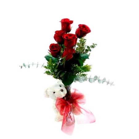 Florero 6 Rosas Rojas + Peluche