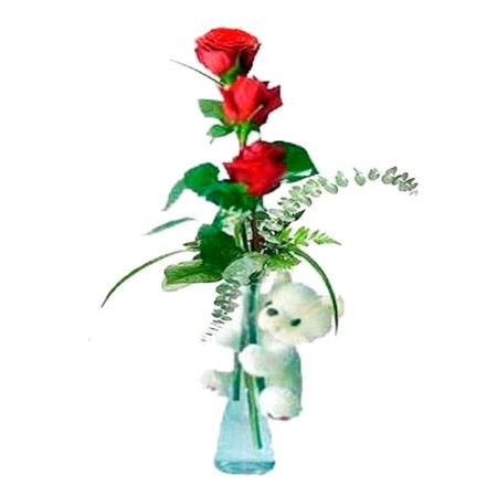 Florero 3 Rosas Rojas + Peluche
