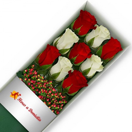 CAJA DE 9 ROSAS ROJAS Y BLANCAS