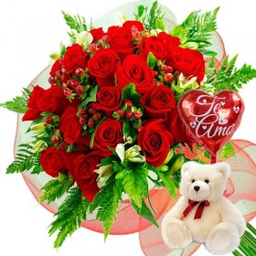 Oferta Ramo 24 Rosas Rojas + Globo y Peluche Oferta Ramo 24 Rosas Rojas + Globo y Peluche