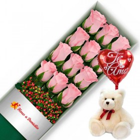 OFERTA DE CAJA CON 12 ROSAS ROSADAS MAS PELUCHE Y GLOBO TE AMO OFERTA DE CAJA CON 12 ROSAS ROSADAS MAS PELUCHE Y GLOBO TE AMO
