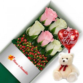 OFERTA DE CAJA CON 6 ROSAS ROSADAS Y BLANCAS + PELUCHE Y GLOBO TE AMO OFERTA DE CAJA CON 6 ROSAS ROSADAS Y BLANCAS + PELUCHE Y GLOBO TE AMO