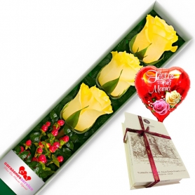 CAJA DE 3 ROSAS AMARILLAS MÁS CHOCOLATE Y GLOBO DÍA DE LA MAMÁ