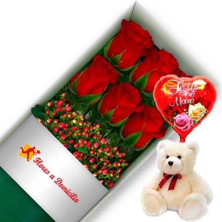 Caja de 6 Rosas Rojas con Globo y Peluche