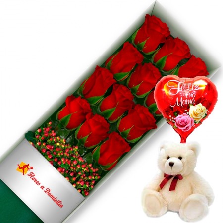 CAJA DE 12 ROSAS ROJAS MAS PELUCHE Y GLOBO DÍA DE LA MADRE
