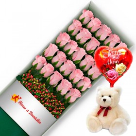 CAJA CON 24 ROSAS ROSADAS MAS PELUCHE Y GLOBO DÍA DE LA MADRE CAJA CON 24 ROSAS ROSADAS MAS PELUCHE Y GLOBO DÍA DE LA MADRE