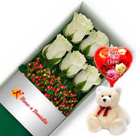 CAJA CON 6 ROSAS BLANCAS MAS PELUCHE Y GLOBO DÍA DE LA MADRE