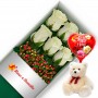 CAJA CON 6 ROSAS BLANCAS MAS PELUCHE Y GLOBO DÍA DE LA MADRE
