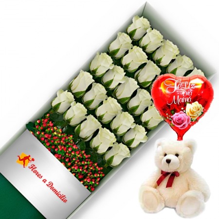 CAJA CON 24 ROSAS BLANCAS MAS PELUCHE Y GLOBO DÍA DE LA MADRE