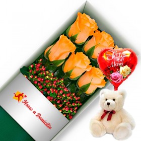 CAJA CON 6 ROSAS DAMASCO MAS PELUCHE Y GLOBO DÍA DE LA MADRE CAJA CON 6 ROSAS DAMASCO MAS PELUCHE Y GLOBO DÍA DE LA MADRE