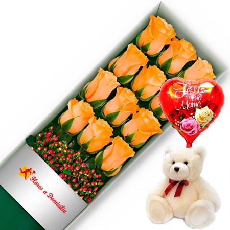 CAJA CON 12 ROSAS DAMASCO MAS PELUCHE Y GLOBO DÍA DE LA MADRE