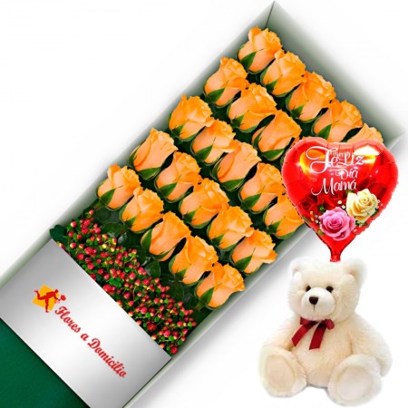 CAJA CON 24 ROSAS DAMASCO MAS PELUCHE Y GLOBO DÍA DE LA MADRE