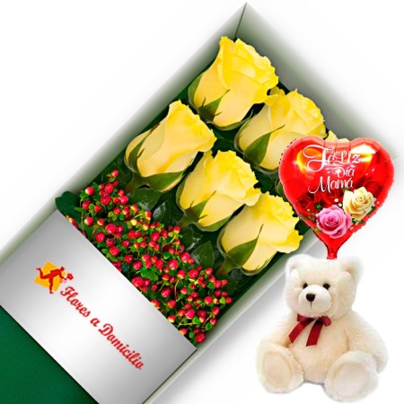 CAJA CON 6 ROSAS AMARILLAS + PELUCHE Y GLOBO DÍA DE LA MADRE