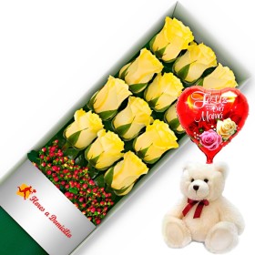 CAJA CON 12 ROSAS AMARILLAS + PELUCHE Y GLOBO DÍA DE LA MADRE CAJA CON 12 ROSAS AMARILLAS + PELUCHE Y GLOBO DÍA DE LA MADRE