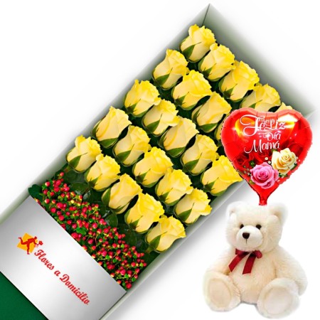 CAJA CON 24 ROSAS AMARILLAS + PELUCHE Y GLOBO DÍA DE LA MADRE